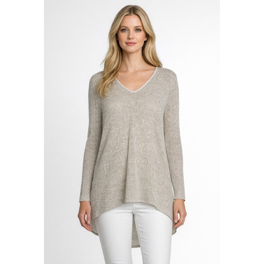 Eileen Fisher Linen Cotton Open Weave Leather Trim Tunic Sweater Large Beige
